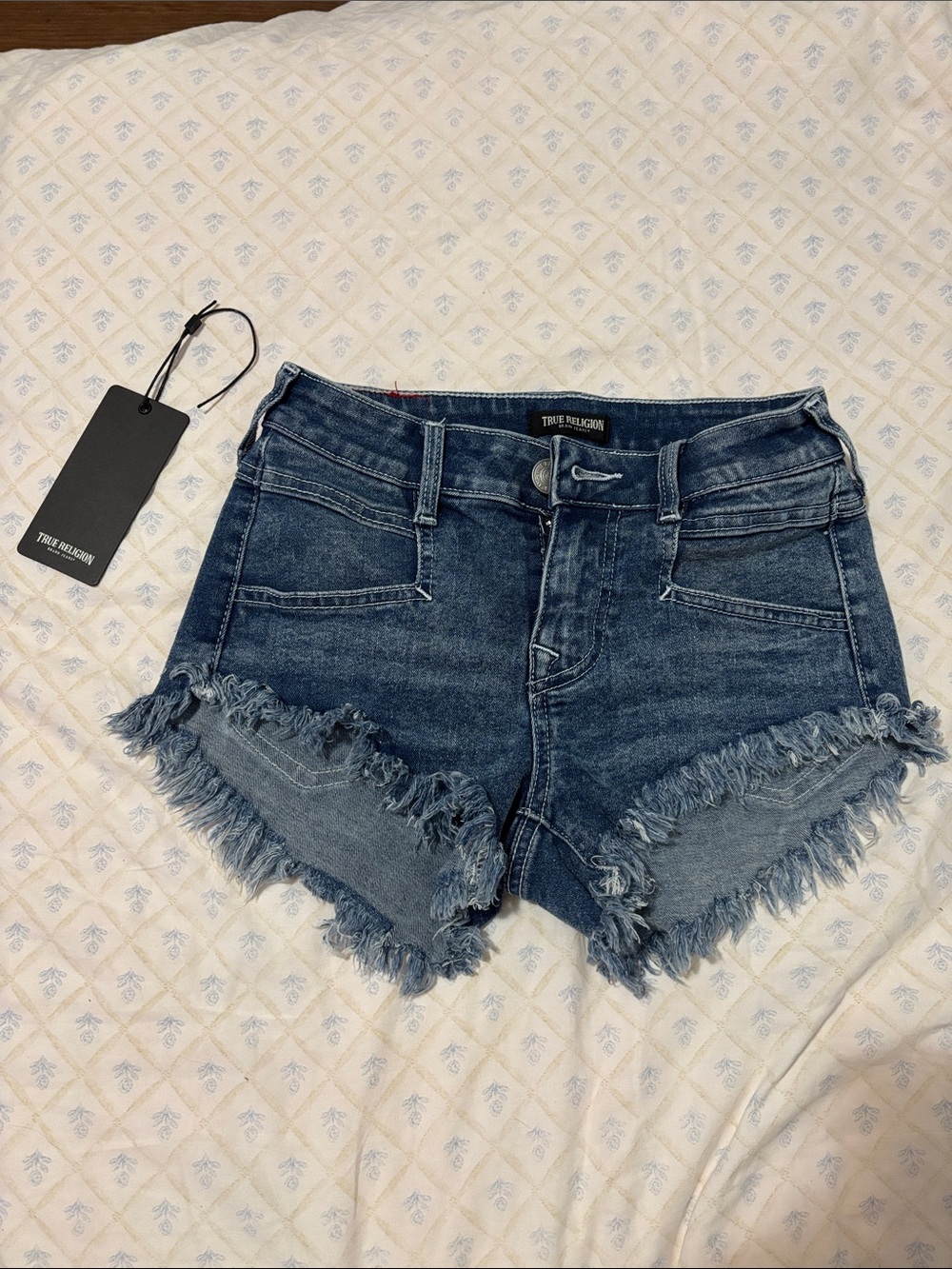 True Religion Women's Light Celestine Wash Blue Distressed Denim Shorts